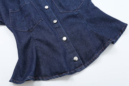 suit Women's 2 pieces pocket decoration sleeveless denim shirt+bucket jeans
