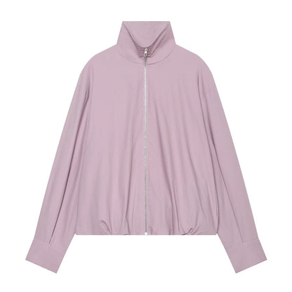 Women's pleated design stand collar zipper Coat