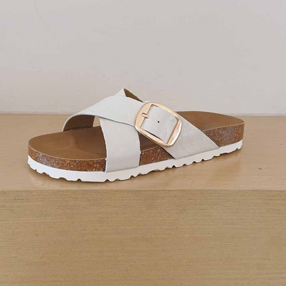 2026 women's new cork sole cross design slippers have a shoe box