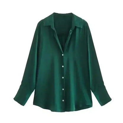 Women 2026 New Fashion Flowy Satin Loose Shirts Blouses Vintage Long Sleeve Button-up Female Shirts Chic Tops
