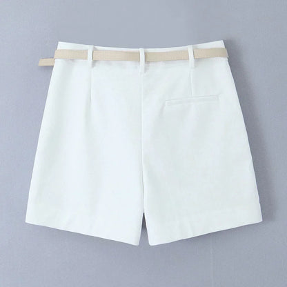 Women's New Chic Fashion Belt Decoration Casual Versatile Pleated Shorts Retro High Waist Side Pocket Women's Shorts