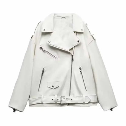 Women 2025 Autumn New Fashion Imitation Leather Loose Jacket Coat Vintage Long Sleeve Zipper Female Outerwear Chic Tops