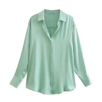 Women 2026 New Fashion Flowy Satin Loose Shirts Blouses Vintage Long Sleeve Button-up Female Shirts Chic Tops