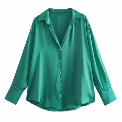Women 2026 New Fashion Flowy Satin Loose Shirts Blouses Vintage Long Sleeve Button-up Female Shirts Chic Tops