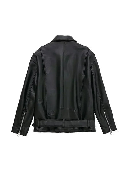 Women 2025 Autumn New Fashion Imitation Leather Loose Jacket Coat Vintage Long Sleeve Zipper Female Outerwear Chic Tops