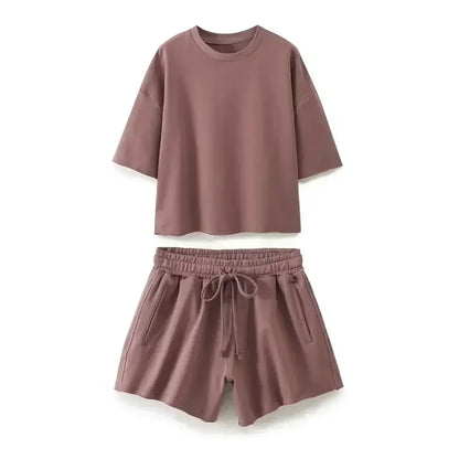 Set women 2 pieces New Fashion basic style Short sleeved ribbed Sweatshirts loose O Neck Tee Shirt Tops+shorts suit