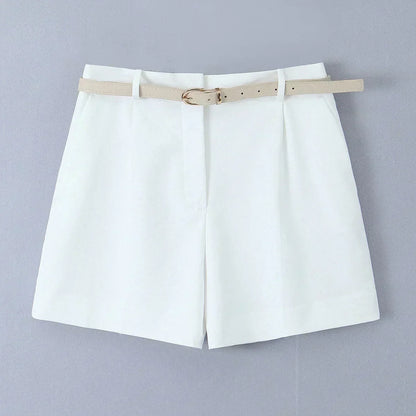 Women's New Chic Fashion Belt Decoration Casual Versatile Pleated Shorts Retro High Waist Side Pocket Women's Shorts