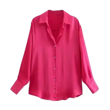 Women 2026 New Fashion Flowy Satin Loose Shirts Blouses Vintage Long Sleeve Button-up Female Shirts Chic Tops