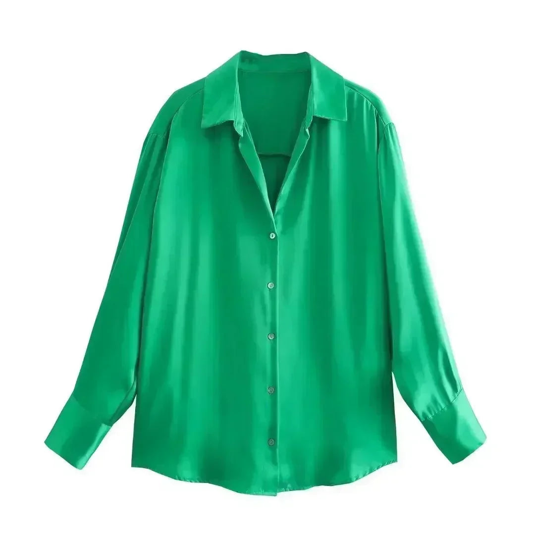 Women 2026 New Fashion Flowy Satin Loose Shirts Blouses Vintage Long Sleeve Button-up Female Shirts Chic Tops