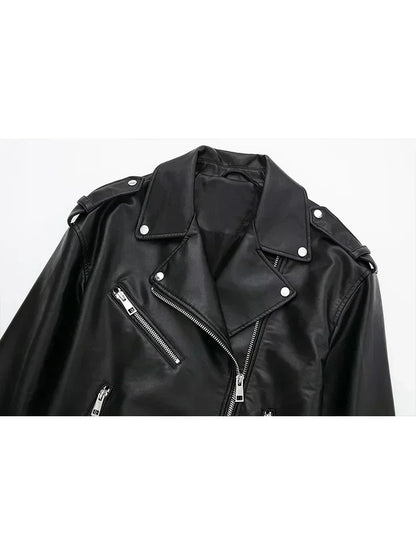 Women 2025 Autumn New Fashion Imitation Leather Loose Jacket Coat Vintage Long Sleeve Zipper Female Outerwear Chic Tops