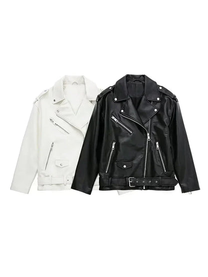 Women 2025 Autumn New Fashion Imitation Leather Loose Jacket Coat Vintage Long Sleeve Zipper Female Outerwear Chic Tops