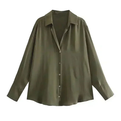 Women 2026 New Fashion Flowy Satin Loose Shirts Blouses Vintage Long Sleeve Button-up Female Shirts Chic Tops
