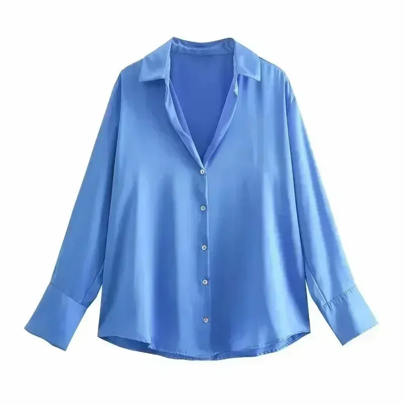 Women 2026 New Fashion Flowy Satin Loose Shirts Blouses Vintage Long Sleeve Button-up Female Shirts Chic Tops