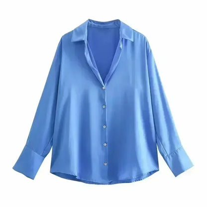 Women 2026 New Fashion Flowy Satin Loose Shirts Blouses Vintage Long Sleeve Button-up Female Shirts Chic Tops