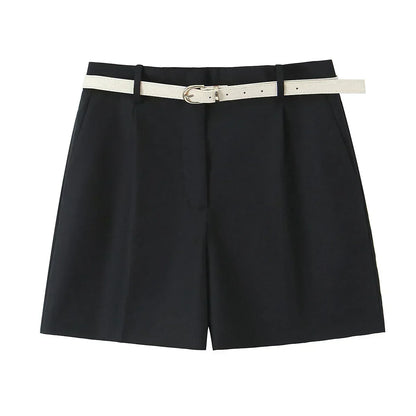 Women's New Chic Fashion Belt Decoration Casual Versatile Pleated Shorts Retro High Waist Side Pocket Women's Shorts