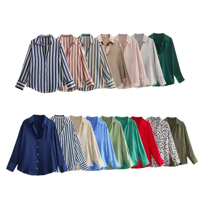 Women 2026 New Fashion Flowy Satin Loose Shirts Blouses Vintage Long Sleeve Button-up Female Shirts Chic Tops