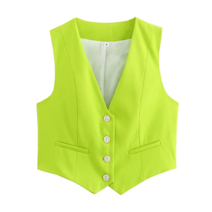 Women New Fashion Cropped V Neck Solid Casual Vest Vintage Sleeveless Button-up Female Waistcoat Chic Tops