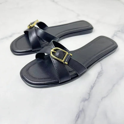 New 2024 Fashion Women's Flat Slippers Square Head Joker Cross Belt Travel Leisure Slippers Women
