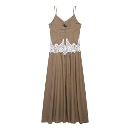 Women's lace patchwork suspender MIDI dress