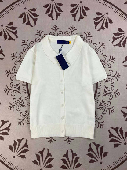 Women's New Fashion Joker Embroidered Cotton Knitted Lapel Short Sleeve Cardigan