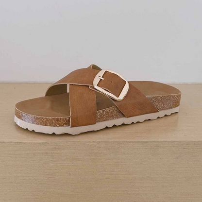 2026 women's new cork sole cross design slippers have a shoe box