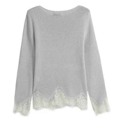 suit Women's 2 pieces lace O Neck long sleeved knitted top+Shorts