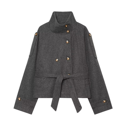 Women's with belt standing collar woolen coat