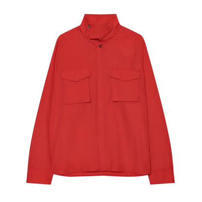Women's pocket decoration casual stand collar shirt