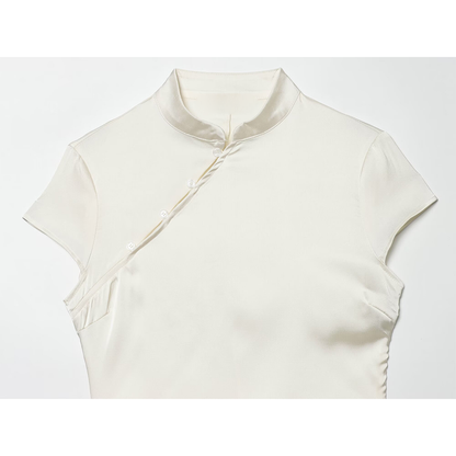 Women's satin textured short button top