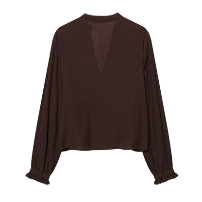 Women's V-neck pleated embroidered shirt