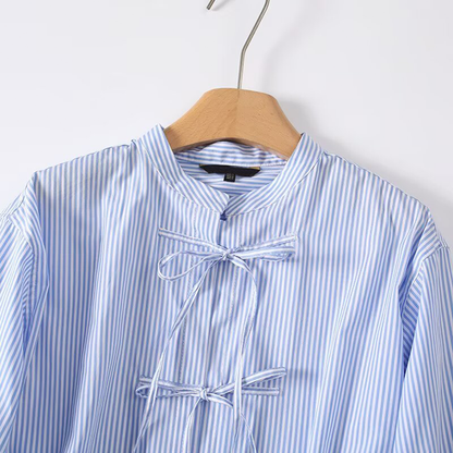 Women's loose cotton striped lace up shirt