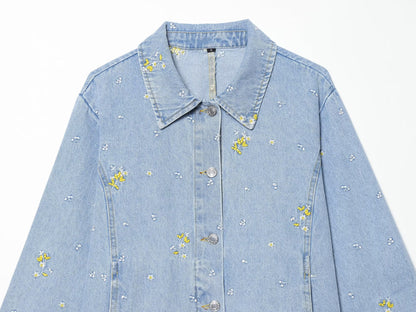 suit Women's 2 pieces flower embroidered denim jacket Coat+Shorts