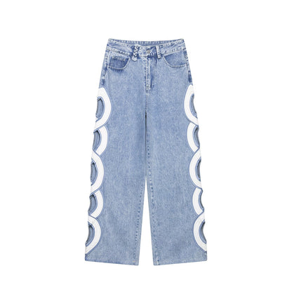 Women's hollow design high waisted straight jeans