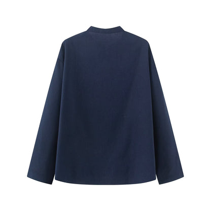 Women's rope knot buckle loose linen blended shirt
