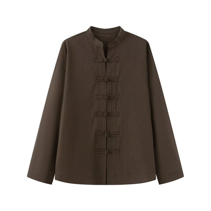 Women's rope knot buckle loose linen blended shirt