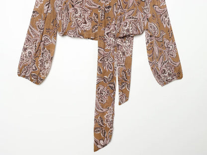 Women's ribbon decoration retro printed chiffon top