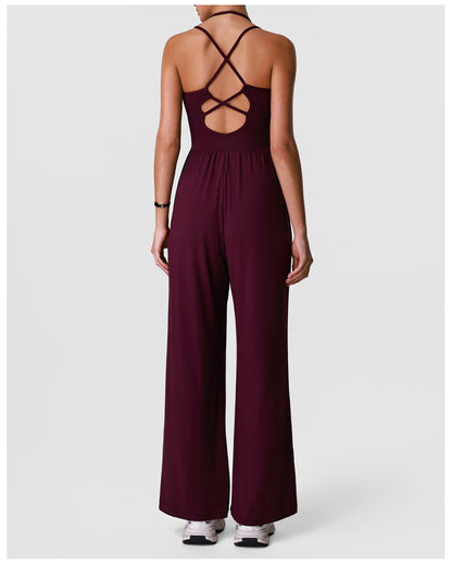 2026 women's new openwork yoga jumpsuit with chest pad and wide leg jumpsuit