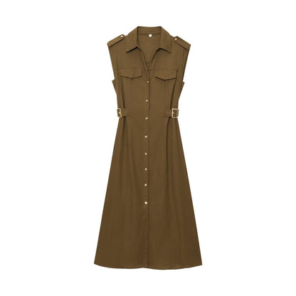 Women's shirt style linen blended MIDI dress