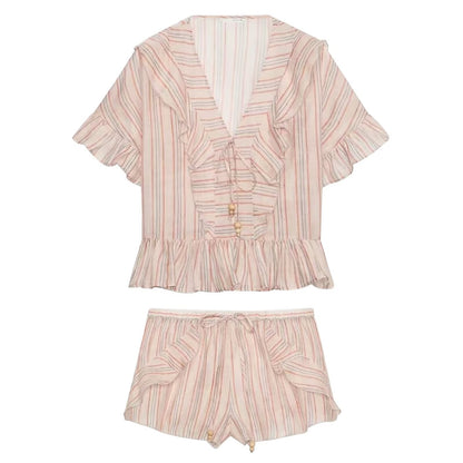 suit Women's 2 pieces striped layered decorative shirt+shorts