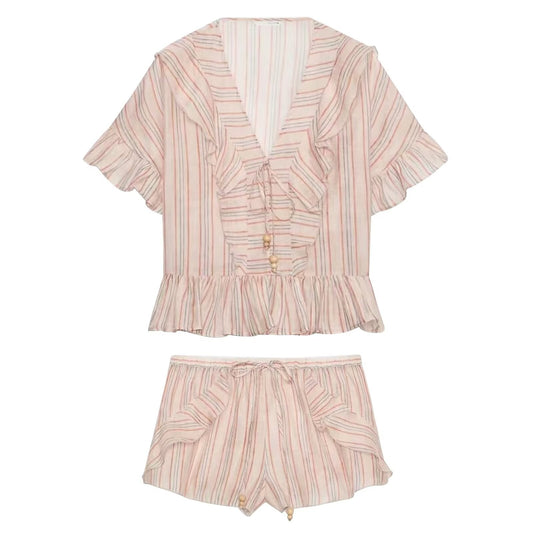suit Women's 2 pieces striped layered decorative shirt+shorts