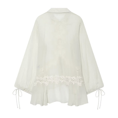 Women's long sleeved lapel embroidered lace shirt