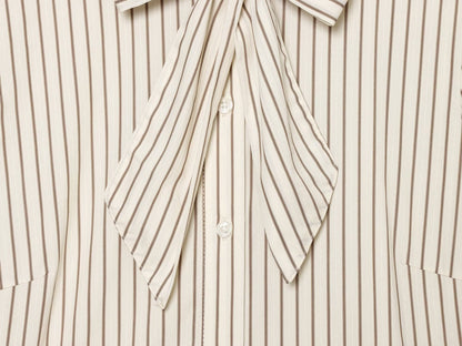 Women's bow decoration stand collar striped shirt