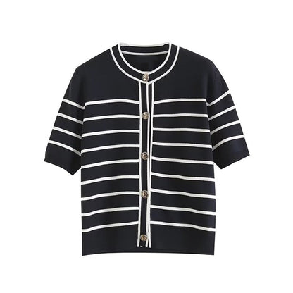 Women's autumn fashion button design short sleeved striped cardigan