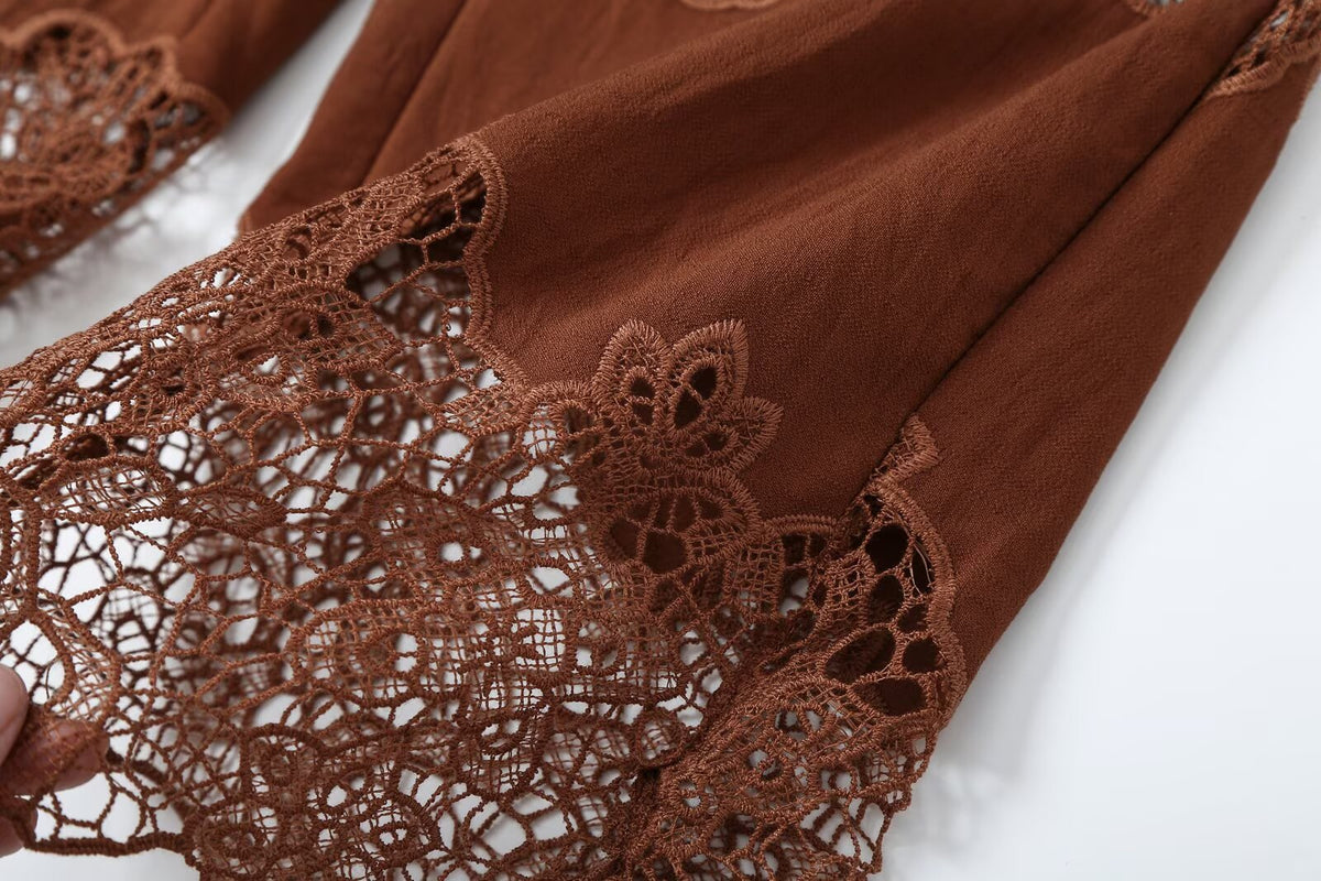 suit Women's 2 pieces hollow embroidery hanging neck top+Pants