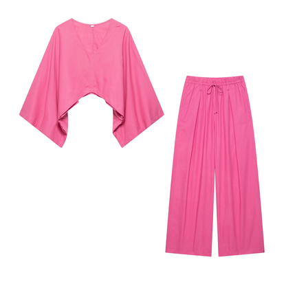 suit Women's 2 pieces linen blend cape style top+Pants