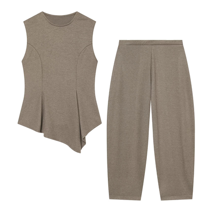suit Women's 2 pieces O-Neck soft texture short skirt style hem top+pants