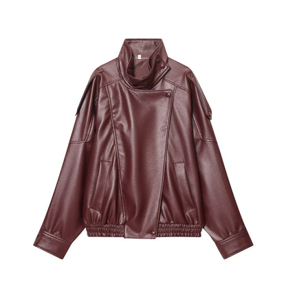 Women's new loose stand collar Faux Leather jacket Coat
