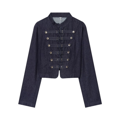 Women's buckle decoration short denim jacket