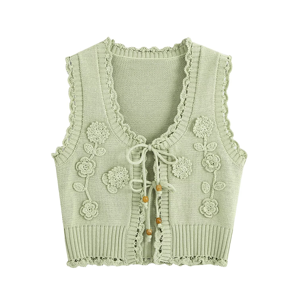 Women's flower decorated U-shaped collar tied knit cardigan
