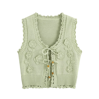 Women's flower decorated U-shaped collar tied knit cardigan